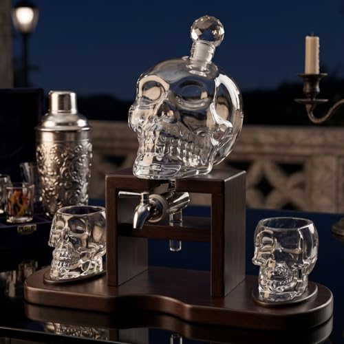 Skull Skeleton Wine & Whiskey Decanter Set 750mL with 2 Skull Shot Glasses 3oz (4 Count)