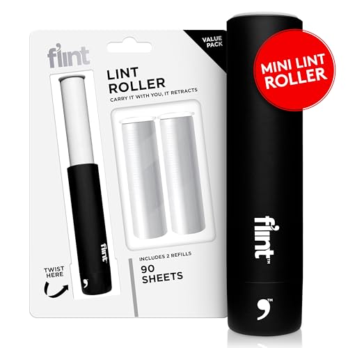 Classic Black Retractable Mini Lint Roller with 90 Extra Sticky Sheets