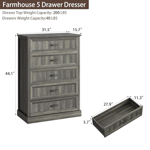 Farmhouse 5 Drawer Dresser for Bedroom