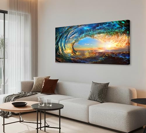 S06798 Giant Wave Water Wall Art Canvas Prints 1 Panels Ocean Waves Pictures Paintings with Sunset Blue Seascape Framed for Living Room Bedroom Kicthen Office Artwork
