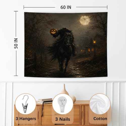 Whimsical Goth Halloween Headless Horseman Wall Tapestry 50x60 In