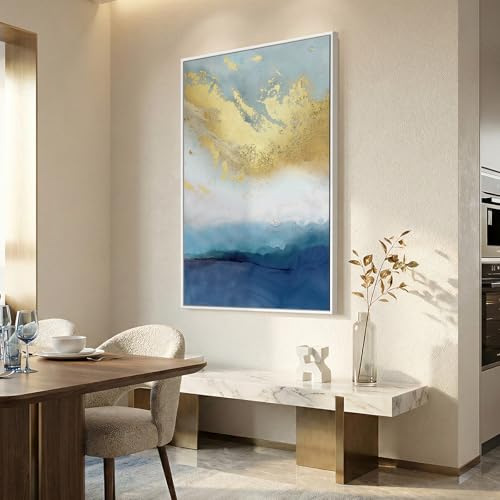 Large Framed Blue Gold Abstract Wall Art