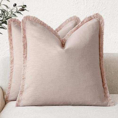Decorative Linen Fringe Throw Pillow Covers 20×20 Light Pink (2 Count)