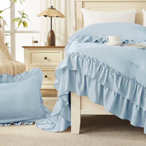 Light Blue Twin Size Ruffle Comforter Set
