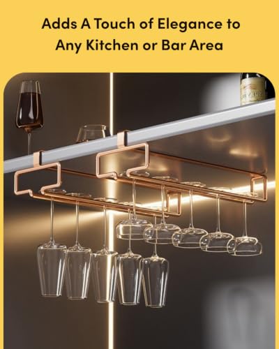 2 Pack Under Cabinet Wine Glass Rack Rose Gold Wine Glass Holder Stemware Rack Hanger Kitchen Hanging Storage Rack Organizer (2 Count)