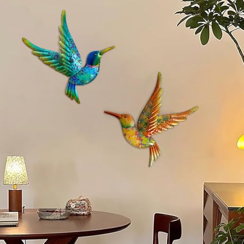 Metal Hummingbird Wall Art 12inch Metal Birds Wall Sculpture Garden Decoration Outdoor Statue Patio Fence Hanging Plaques 2 Pack（Multicolor） (2 Count)