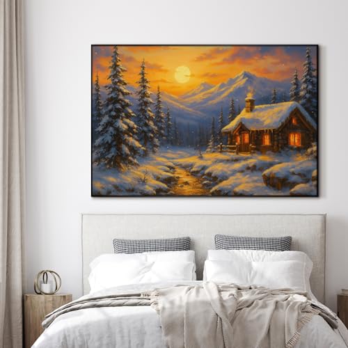 46"x72" Extra Large Framed Wall Art Cozy Cabin in Snowy Mountain Landscape at Sunset for Home Living Room Bedroom Decor