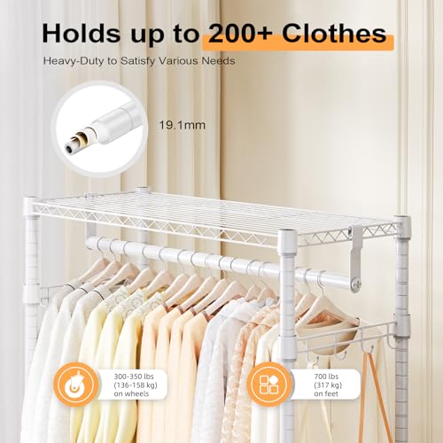 Heavy Duty Rolling Garment Rack 3 Tiers Adjustable Wire Shelving Clothes Rack with 2 Rods and Side Hooks