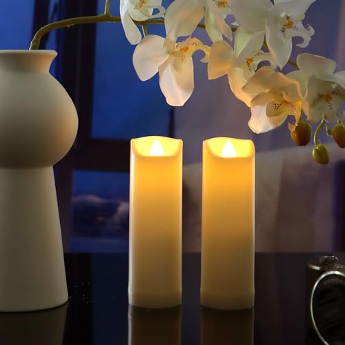 Waterproof Outdoor Battery Operated Flameless Candles with Auto Timer Flickering Plastic Resin Electric LED Slim Pillar Lights for Lantern Patio Garden Wedding Decorations 2”x7” 2 Pack (2 Count)
