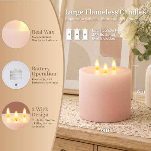 3 Wick Extra Large Flameless Pillar Candles with Timer Remote