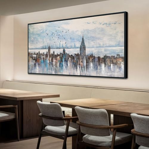 Cityscape Wall Art New York City Buildings Picture Modern Abstract Grey Skyline Birds NYC Painting Artwork for Bedroom Living Room Bathroom Home Office Decor