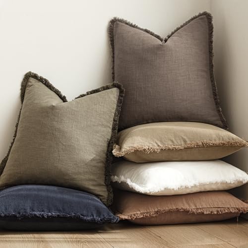 Boho Linen Fringe Lumbar Throw Pillow Covers 12×24 Light Coffee (2 Count)