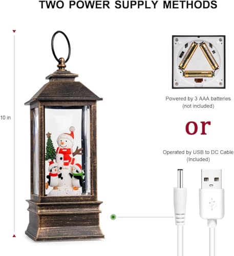 Christmas Snow Globe Water Lantern with Snowman and Penguin Scene Battery Operated or USB Powered Musical Lighted Holiday Decoration for Tabletop Display for Family and Friends