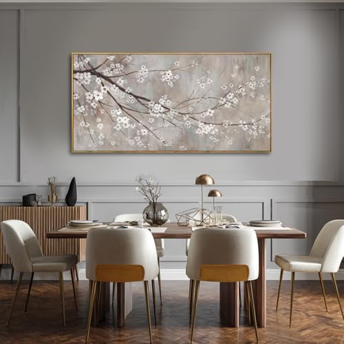 Plum blossom Wall Decor White Flowers Painting on Canvas Nature Wall Art for Bedroom 24"x 48" Wall Decorations for Living Room Office