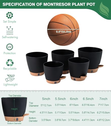 5-Pack Self-Watering Plastic Plant Pots 5/5.5/6/6.5/7 Inch– Black Indoor Flower Pots with Wick & Water Tray for Herbs, Succulents, Seedlings, Small Plants (5 Count)