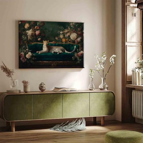 Trendy Cheetah Poster Wild Animal Pictures Dark Gothic Painting Panther on the Sofa Wall Art Fashion Cheetah Artwork 16x24inch framed