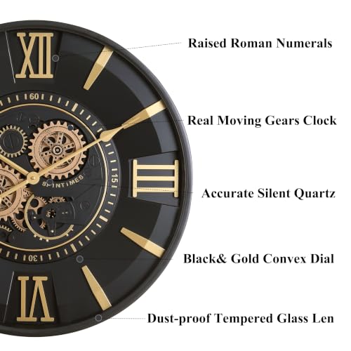 Mid Century Modern Black Gold 24 Inch Wall Clock with Moving Gears