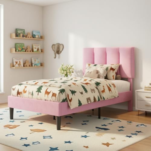 Twin Size Bed Frame with Upholstered Headboard