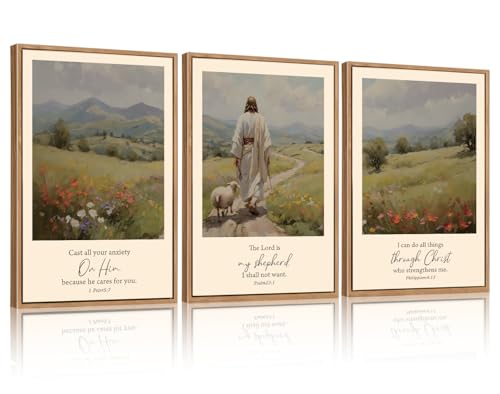 3 Pcs Jesus Scripture Landscape Framed Canvas Wall Art 24x36 Inch (3 Count)
