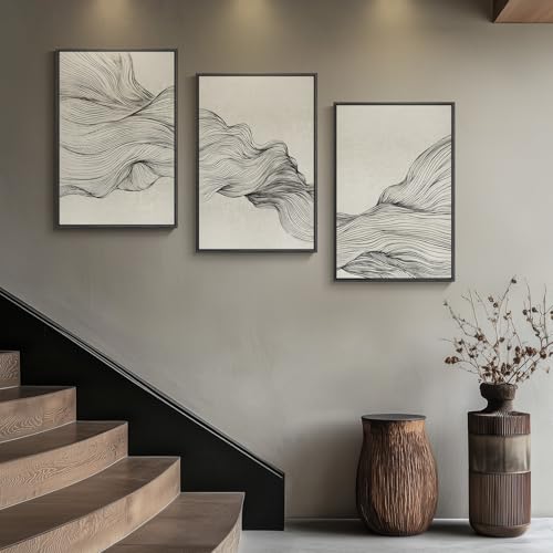 Large Framed Neutral Modern Abstract Wall Art for Living Room (3 Count)