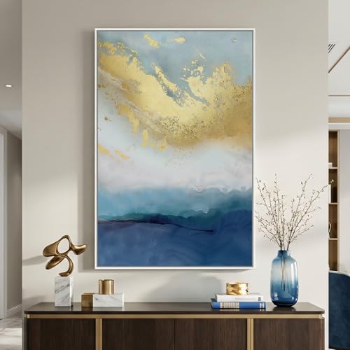 Large Framed Blue Gold Abstract Wall Art