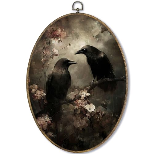 Gothic Dark Raven Crow Oval Wall Art Decor Framed