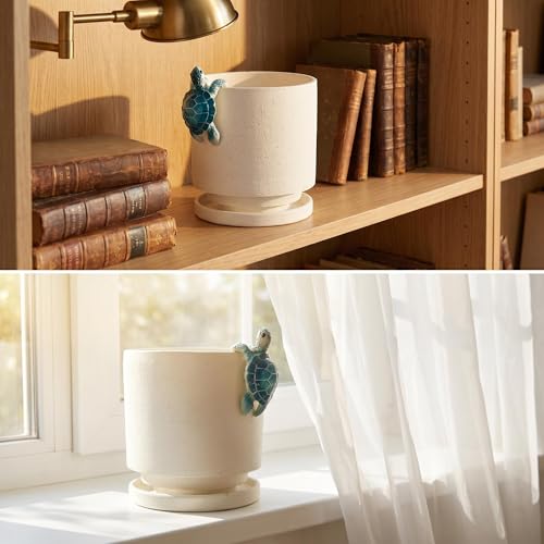 Ceramic Plant Pot with Resin Climbing Tortoise Figure