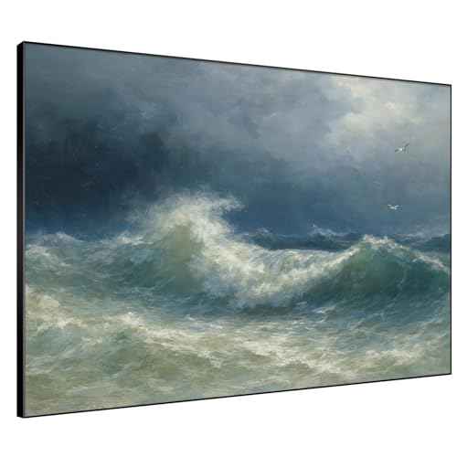 46"x60" Extra Large Framed Wall Art Dramatic Ocean Waves with Stormy Sky and Seagulls for Home Living Room Bedroom Decor