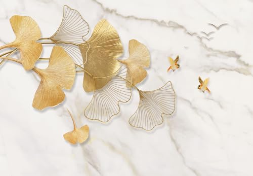 Golden Ginkgo Leaves Wall Mural Fake Marble Wallpaper