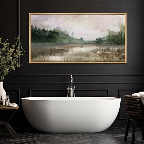 Extra Large Framed Canvas Print Wall Art Tranquil Lake Reflections Nature Landscape Illustrations Antique Retro Fine Art Illustrations Decorative Colorful for Bedroom