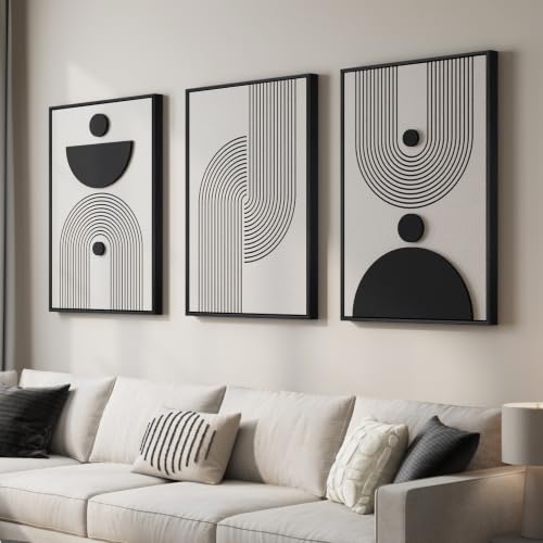 3D Large Framed Black and White Abstract Wall Art for Living Room (3 Count)