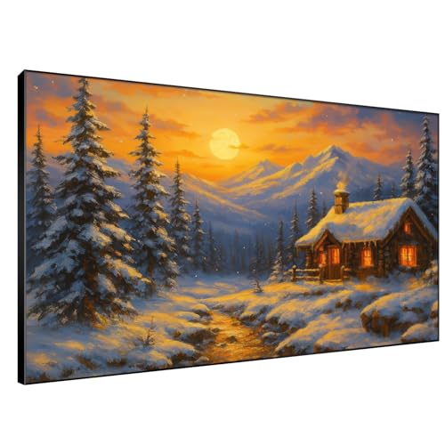 46"x72" Extra Large Framed Wall Art Cozy Cabin in Snowy Mountain Landscape at Sunset for Home Living Room Bedroom Decor