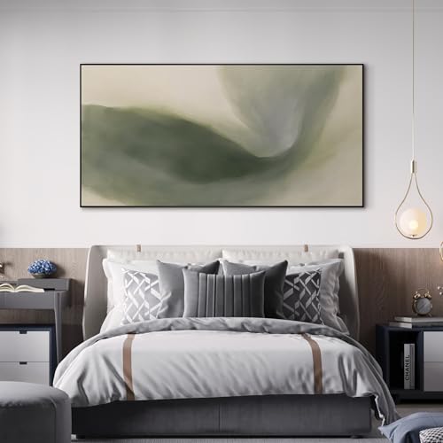 24"x46" Extra Large Framed Wall Art Abstract Green Swirl Soft Fluid Modern Illustration for Home Living Room Bedroom Decor