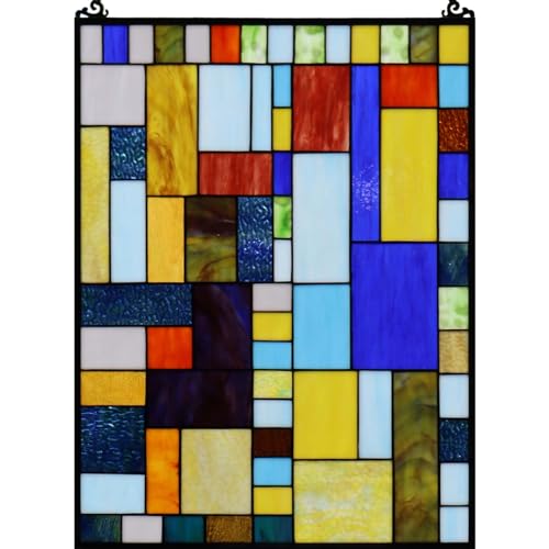Geometric Color Block Tiffany Style Stained Glass Window Panel with Hanging Chain