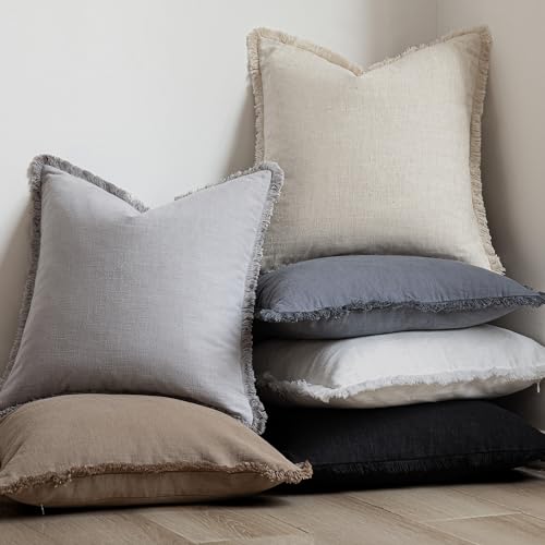 Decorative Linen Fringe Throw Pillow Covers 18×18 Light Gray (2 Count)