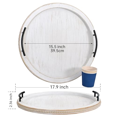 18Inch White Wooden Beaded Serving Tray with Handle Decorative Rustic Whitewashed Tray for Coffee Table Farmhouse Round Tray for Kitchen