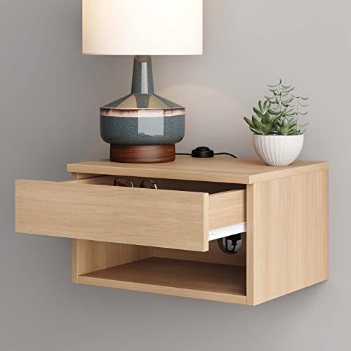 Jackson Wall Mounted Floating Bedroom Nightstand with Storage Drawer and Modern Open Shelf Cubby