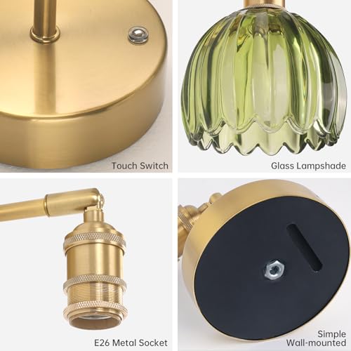 Battery Operated Vintage Wall Sconces with Green Tulip Glass Lampshade Battery Powered Wall Lighting for Bedside Bedroom Doorway