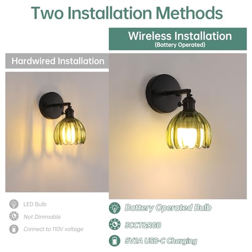Vintage Battery Operated Wall Sconce with Green Tulip Glass Lampshade Rechargeable Battery Powered Black Wall Light with Remote Control for Bedside Bedroom Doorway (2 Count)