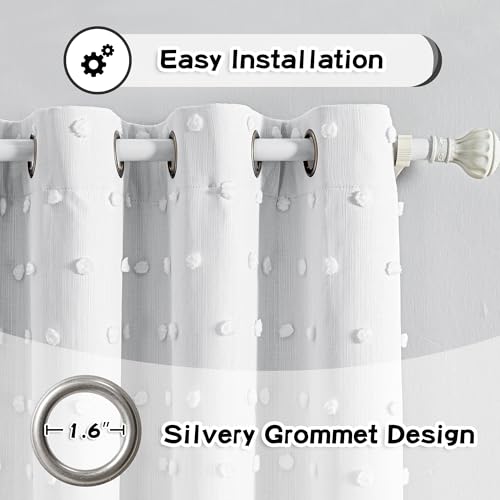 100% White Blackout Curtains for Sliding Door 108 Inches Long Total Light Blocking Curtains for Living Room 2 Panels Grommet Room Darkening Drapes with White Pom Pom Sheer 50 x 108 Inch