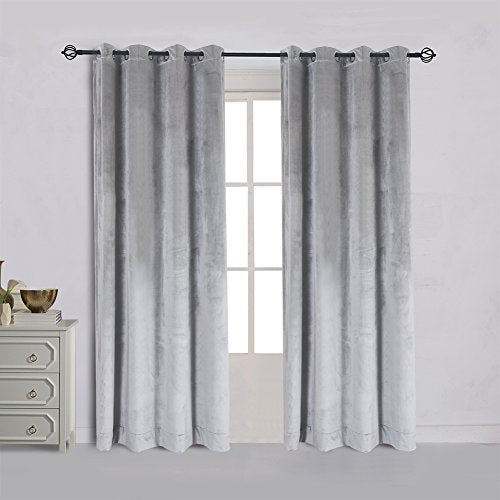 Super Soft Luxury Velvet Smoky Gray Classic Blackout Curtains Panels Home Theater Grommet Top Curtain Drapes Eyelet 52Wx120L inch Light Grey