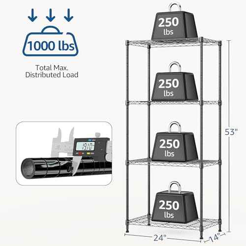 1000 lbs 4Tier Shelf Metal Storage Shelves Wire Rack Closet Organizers with Wheel for Garage Kitchen Bathroom Laundry Black 13.7" D x 23.6" W x 53.4" H (4 Count)