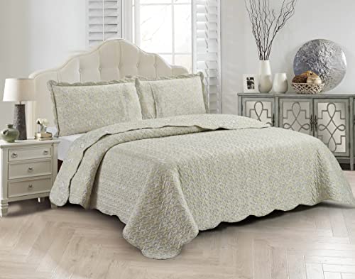 Classic Grey Floral Toile in Beige Hues Quilt Set