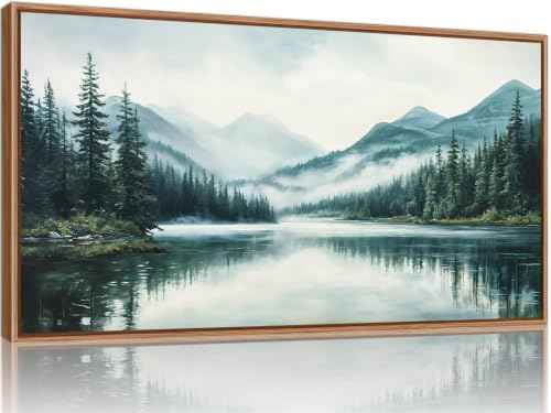Large Mountain Lake Framed Canvas Wall Art