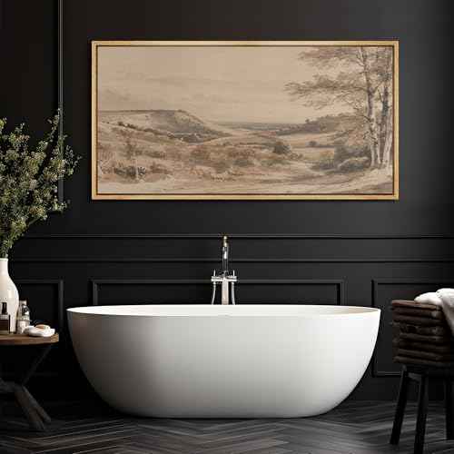 Extra Large Framed Canvas Print Wall Art Vintage Neutral Tone Countryside Landscape Retro Fine Art Illustrations Decorative Colorful for Bedroom