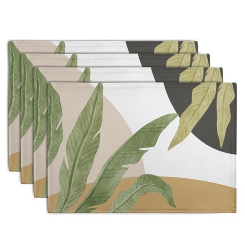 Tropical Palm Leaf Linen Placemats Set of 4 Summer Green Banana Leaves Themed Kitchen Place Mats Washable Non (4 Count)