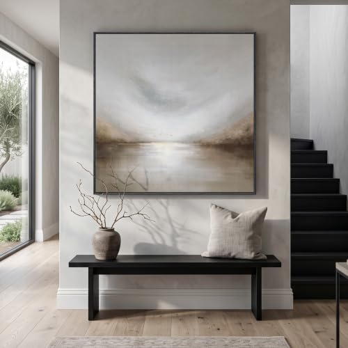 Extra Large Framed Neutral Gray Abstract Landscape Wall Art Decor