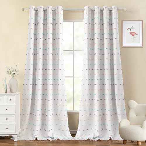 100% Blackout Curtains for Living Room 102 Inch White Curtains Extra Long Total Light Block Girls Room Drapes Thermal Insulated Room Darkening Rainbow Pom Pom Sheer Grommet 2 Pieces 50 Wide (2 Count)