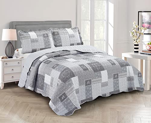 Grey Heart Love & Lace Floral Patchwork Quilt Set