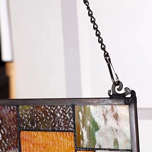 Geometric Color Block Tiffany Style Stained Glass Window Panel with Hanging Chain